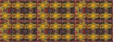 Çocuksu tasarım. El çizimi çiçekli, pürüzsüz bir desen. Tekstil, kumaş, ambalaj, hatıra defteri için hoş bir çiçek arkaplanı. Kahverengi ve sarı arkaplanda.