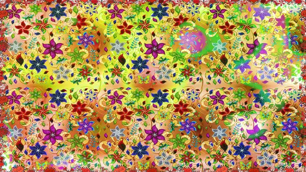 Renkli Yaz Temalı Kusursuz Arkaplan. Raster Illustrasyon 'da moda olmayan çiçek deseni. Düz Çiçek Elementleri Tasarımı. Güzel kumaş deseni.