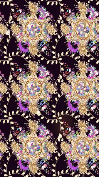 Çiçek desenli çizim. Raster illüstrasyonu. Asya tekstil tarzında. Siyah renkli çiçekler. Renkli Bahar Teması eskiz kalıbı. Düz Çiçek Elementleri Tasarımı.