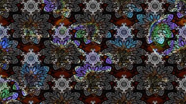 Desen, çizim, çiçek sınırı. Çiçek çelengi. Güzel, parlak, pürüzsüz kumaş, tuval. Kıvırcık, parlak örgü. Eski moda arka plan. Raster illüstrasyonu.