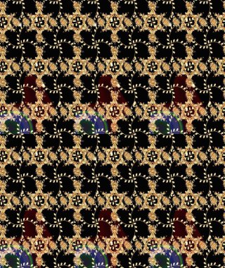 Çiçekli ipek eşarp. 1950-1960 motifleri. El çizimi çiçek unsurları olan soyut, dikişsiz raster deseni. Siyah ve kahverengi üzerine siyah ve kahverengi. Retro tekstil tasarım koleksiyonu.