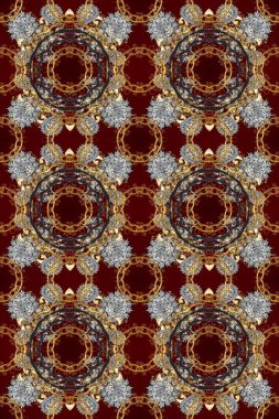 Damask arkaplanı. Barok tarzında altın çiçekli süs. Kahverengi, bej ve gri renklerde altın bir element. Altın çiçekli, pürüzsüz desen.