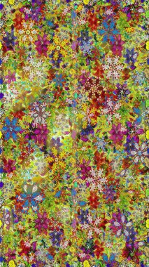 Raster illüstrasyonu. Çiçek ve yapraklı karalama şeklinde Raster çiçek deseni. Yeşil ve kahverengi renklerde bahar çiçekleri..