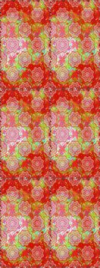 Raster - stok. Kusursuz bir arka plan modeli. Yapraklı çiçekler ve kırmızı renkli papatya çiçekleri..