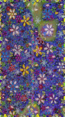 Kusursuz Chichi kumaş deseni. Düz Çiçek Elementleri Tasarımı. Çiçek deseni. Renkli Bahar Temalı Kusursuz Arkaplan. Raster illüstrasyonu.