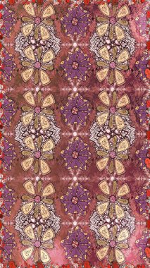 El çizimi çiçekli, soyut, pürüzsüz desen. Raster illüstrasyonu. Kahverengi ve pembe renkte çiçekler.