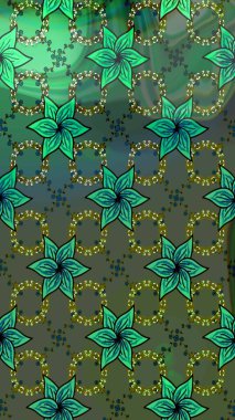 Bir sürü yeşil ve mavi soyut çiçekli tropik eskiz deseni. Küçük çiçekteki sevimli çiçek deseni. Varicologreen ve Blue Raster çizimi.