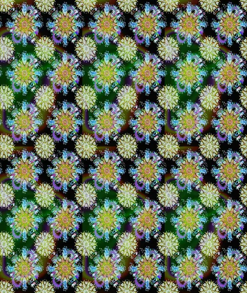 Raster Çiçek İllüstrasyonu güzel tekstil. Tarafsız ve yeşil renklerde etnik çiçeklerle kusursuz bir desen..