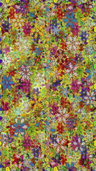 Raster illüstrasyonu. Çiçek ve yapraklı karalama şeklinde Raster çiçek deseni. Yeşil ve kahverengi renklerde bahar çiçekleri..