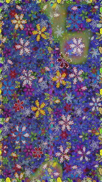 Kusursuz Chichi kumaş deseni. Düz Çiçek Elementleri Tasarımı. Çiçek deseni. Renkli Bahar Temalı Kusursuz Arkaplan. Raster illüstrasyonu.