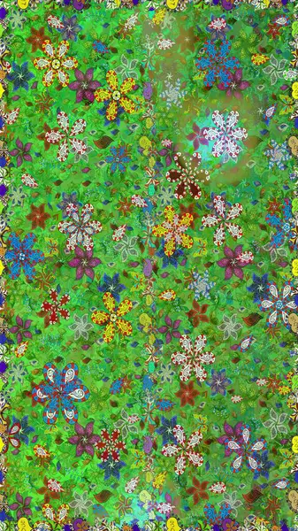 Tekstil tasarımı için yeşil ve kahverengi renkli geleneksel halk çiçekleri. Çiçeksiz desenli nakış işlemeli gelincikler ve vadi zambaklarıyla.