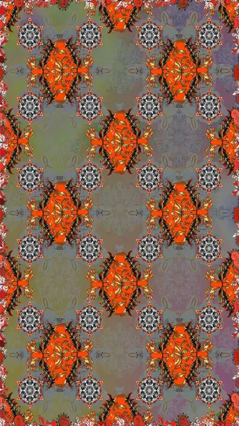 Çiçeksiz desenli, suluboya elle çizilmiş elementler. Parlak renkli fantezi çiçekleri, yapraklar, gri renkli tomurcuklar.