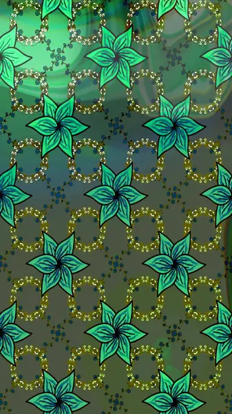 Bir sürü yeşil ve mavi soyut çiçekli tropik eskiz deseni. Küçük çiçekteki sevimli çiçek deseni. Varicologreen ve Blue Raster çizimi.