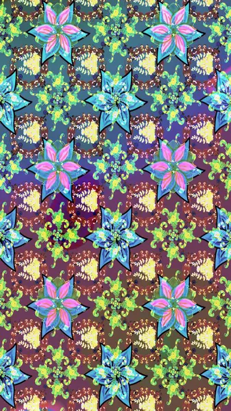 Mavi ve kahverengi renkte çiçekler. Düz Çiçek Elementleri Tasarımı. Renkli Yaz Temalı eskiz kalıbı. Çiçekli retro deseni çiz.