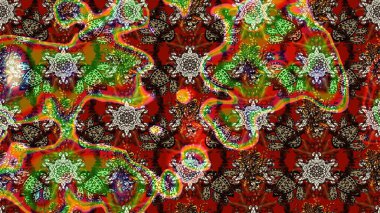 Parlak renkli çiçekleri ve kahverengi renkli yaprakları olan harika bir çiçek deseni. Moda baskıları için zarif bir şablon. Modern çiçek arkaplanı. Halk stili.