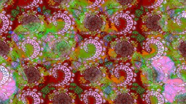 Parlak renkli çiçekli ve kırmızı yapraklı harika bir çiçek deseni. Moda baskıları için zarif bir şablon. Modern çiçek arkaplanı. Halk stili.