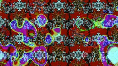 Renkli desenli eskiz deseni, kırmızı çiçekler ve dekoratif elementlerle. Eskiz geçmişi. Raster illüstrasyonu. Kumaş, tekstil, duvar kağıdı baskısı için. Antika retro tarzı.