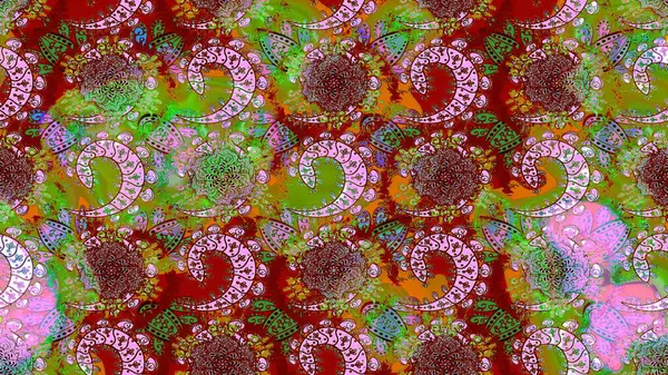 Parlak renkli çiçekli ve kırmızı yapraklı harika bir çiçek deseni. Moda baskıları için zarif bir şablon. Modern çiçek arkaplanı. Halk stili.