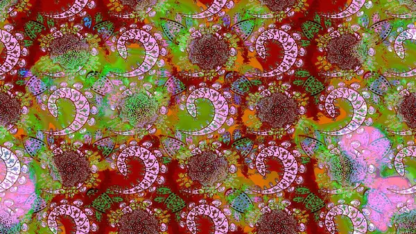 Parlak renkli çiçekli ve kırmızı yapraklı harika bir çiçek deseni. Moda baskıları için zarif bir şablon. Modern çiçek arkaplanı. Halk stili.