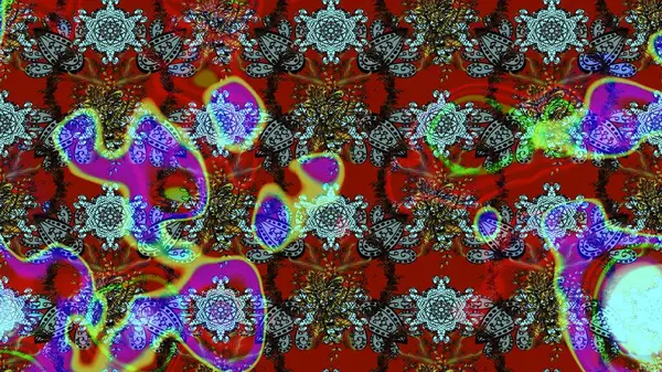 Renkli desenli eskiz deseni, kırmızı çiçekler ve dekoratif elementlerle. Eskiz geçmişi. Raster illüstrasyonu. Kumaş, tekstil, duvar kağıdı baskısı için. Antika retro tarzı.