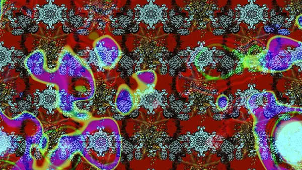 Renkli desenli eskiz deseni, kırmızı çiçekler ve dekoratif elementlerle. Eskiz geçmişi. Raster illüstrasyonu. Kumaş, tekstil, duvar kağıdı baskısı için. Antika retro tarzı.