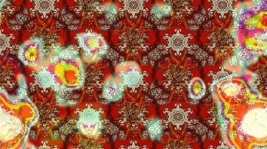 Kahverengi renkler ve parlak çiçekler üzerine soyut çizim deseni. Çiçeksel elementlerle süslenmiş zarif raster dokusu. Küçük çiçekte şirin bir çiçek deseni var..