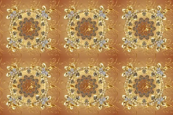 Kına dövmeli süs çiçekleri, altın çıkartmalar, mehndi ve yoga tasarımı, kartlar ve parmak izleri. Raster Golden Mehndi kusursuz desen. Kahverengi, nötr ve bej renkli desen.