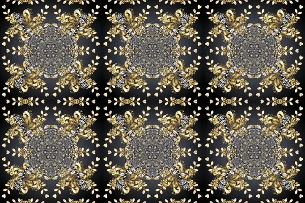 Kart, duvar kağıdı, ambalaj ve tekstil için klasik tasarım. Klasik çiçek dokusu. Altın şablon. Kusursuz desenli altın elementler. Raster illüstrasyonu. Gri, bej ve kahverengi renklerin kraliyet retro 'su.
