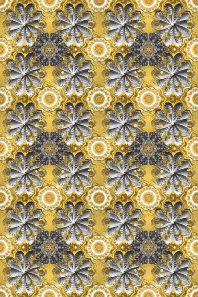 Raster altın pürüzsüz desen. Düz elle çizilmiş klasik koleksiyon. Altın desenli gri, sarı ve bej renklerde altın elementler. Arkaplan, kumaş, altın duvar kağıdı.