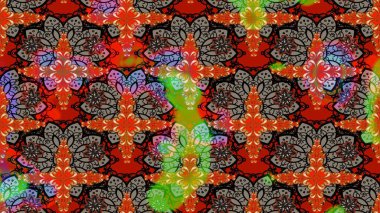 Şirin çiçekli eskiz deseni ve kırmızı renklerde yapraklar, suluboya çiçek deseni, duvar kağıdı, kart veya kumaş için fayanslı. Raster illüstrasyonu.