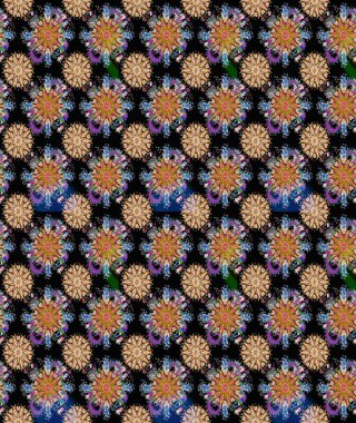 Siyah ve kahverengi üzerine siyah ve kahverengi. 1950-1960 motifleri. El çizimi çiçek unsurları olan soyut, dikişsiz raster deseni. Retro tekstil tasarım koleksiyonu. Çiçekli ipek eşarp..