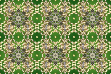 Kusursuz altın desenli bukleler. Parlak dantel, stilize çiçekler, şal desenli. Yeşil, bej renkli altın elementlerde kusursuz desen. Doğu tarzı arabesk. Raster. Zarif altın deseni aç.