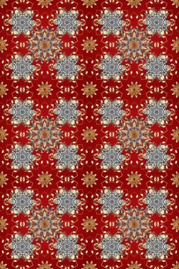 Raster altın tekstil baskısı. İslam tasarımı. Çiçek kiremitleri. Kusursuz desenli oryantal süs. Altın desenli kırmızı, kahverengi ve gri renklerde altın elementler.