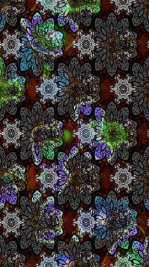 Siyah renkler ve parlak çiçekler üzerine soyut çizim deseni. Küçük çiçekte hoş bir çiçek deseni var. Çiçek elementli zarif raster dokusu..