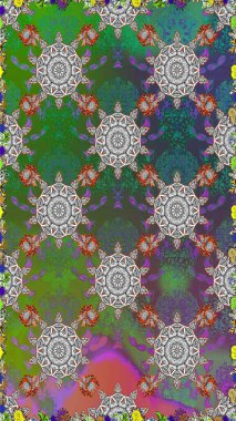 Bir sürü yeşil ve gri soyut çiçekli tropik, pürüzsüz bir desen. Küçük çiçekteki sevimli çiçek deseni. Varyete yeşili ve gri raster pürüzsüz çizim.