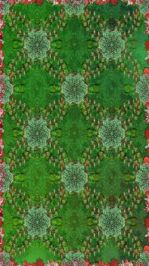 Düz Çiçek Elementleri Tasarımı. Renkli Bahar Temalı Kusursuz Arkaplan. Raster illüstrasyonunda kusursuz çiçek deseni. Yeşil ve kahverengi renkte çiçekler.