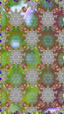 Raster illüstrasyonu. Çiçeklerle suluboya desenli çiçek deseni. Yeşil ve gri renkli güzel tekstil.