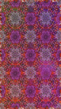 Modern çiçek arkaplanı. Moda baskıları için zarif bir şablon. Parlak renkli çiçekleri ve mor renkli yaprakları olan kusursuz çiçek desenleri. Halk stili.