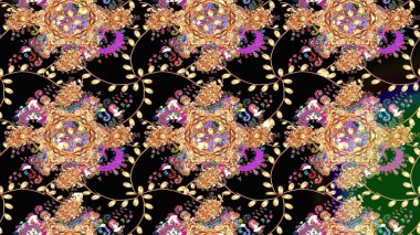 Şirin çiçekli, desenli, siyah renkli renkli bir eskiz. El çizimi çiçek çizimi deseni (fayans). Tekstil için suluboya çizim deseni.