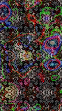 Raster illüstrasyonu. Raster illüstrasyonu. Çiçek desenli çizim. Asya tekstil tarzında. Gri renkli çiçekler.