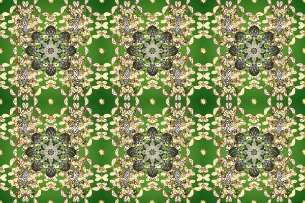 Kusursuz altın desenli bukleler. Parlak dantel, stilize çiçekler, şal desenli. Yeşil, bej renkli altın elementlerde kusursuz desen. Doğu tarzı arabesk. Raster. Zarif altın deseni aç.