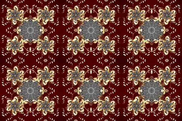 Raster illüstrasyonu. Süslü dekorasyon. Damask altın soyut çiçek kırmızı, bej ve kahverengi renklerde pürüzsüz desen.