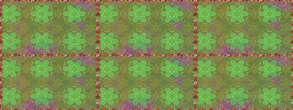 Yeşil ve bej renkli Asya tekstili. Raster illüstrasyonu. Çiçeklerle suluboya desenleri.