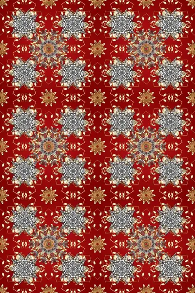 Raster altın tekstil baskısı. İslam tasarımı. Çiçek kiremitleri. Kusursuz desenli oryantal süs. Altın desenli kırmızı, kahverengi ve gri renklerde altın elementler.