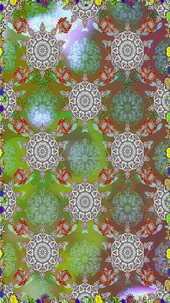 Raster illüstrasyonu. Çiçeklerle suluboya desenli çiçek deseni. Yeşil ve gri renkli güzel tekstil.