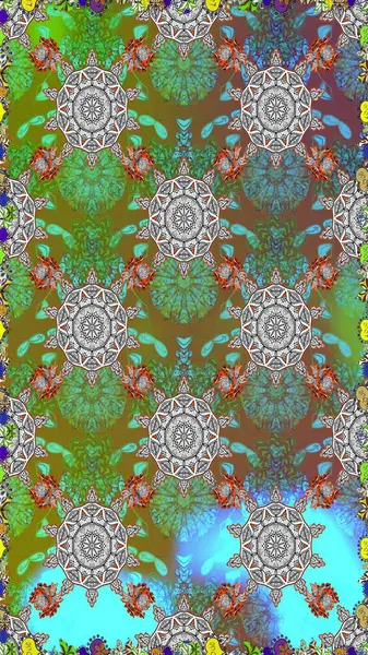 Modern çiçek arkaplanı. Parlak renkli çiçekleri ve yeşil renkli yaprakları olan kusursuz çiçek desenleri. Halk tarzı. Moda baskıları için zarif bir şablon.