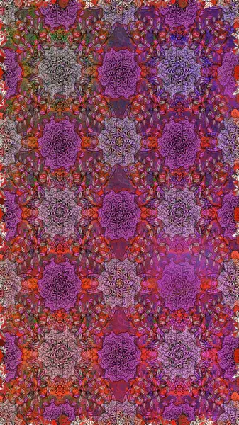 Modern çiçek arkaplanı. Moda baskıları için zarif bir şablon. Parlak renkli çiçekleri ve mor renkli yaprakları olan kusursuz çiçek desenleri. Halk stili.