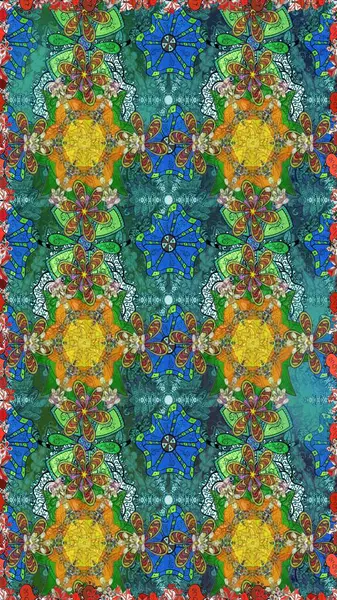 Raster Henna tarzı. Etnik Mandala havlusu. Kusursuz süs izi. Tebrik kartı geçmişi, boyama kitabı, arkaplan ve tekstil için kullanılabilir. Sınır Hindistan çiçek desenli paisley patentli.