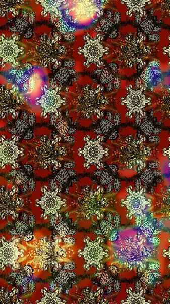 Üzerinde gelincikler ve vadi zambakları olan renkli çiçek desenli nakış deseni. Tekstil tasarımı için kahverengi renkli geleneksel halk çiçekleri buketi.