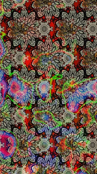 Şirin çiçekli eskiz deseni ve nötr renklerde yapraklar, suluboya çiçek deseni, duvar kağıdı, kart veya kumaş için fayanslı. Raster illüstrasyonu.